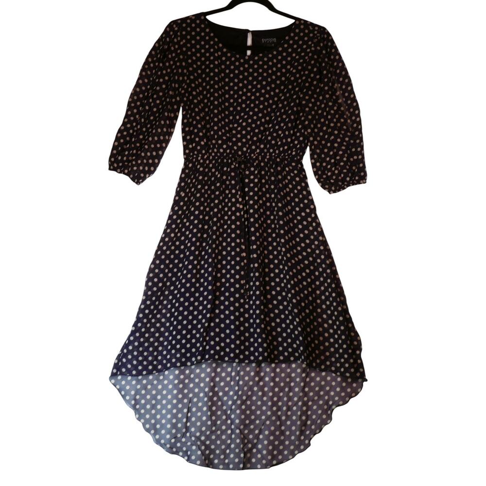En Focus Dress Womens 8 Blue Polka Dot Hi Low Career Casual 3/4 Slit Sleeve - Picture 2 of 14